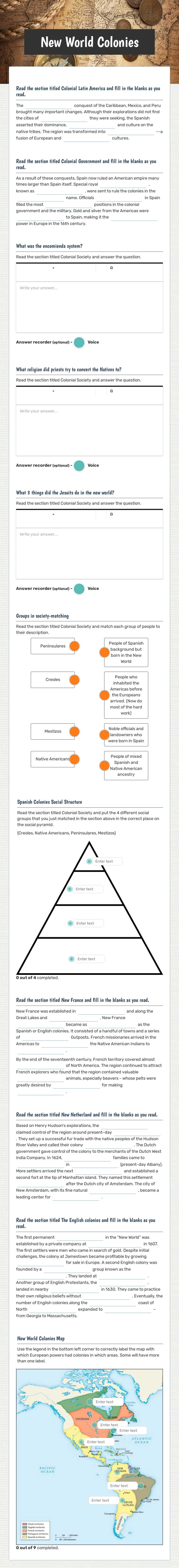 New World Colonies worksheet preview image