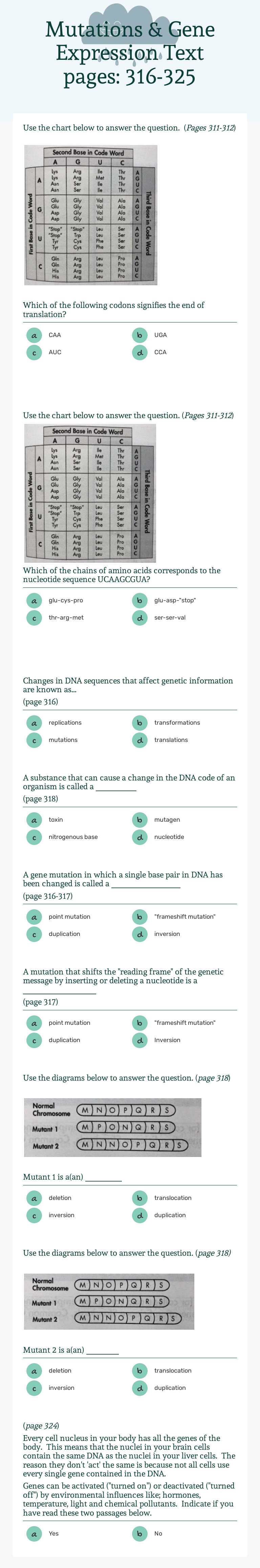 Mutations & Gene Expression   Text pages: 316-325 worksheet preview image
