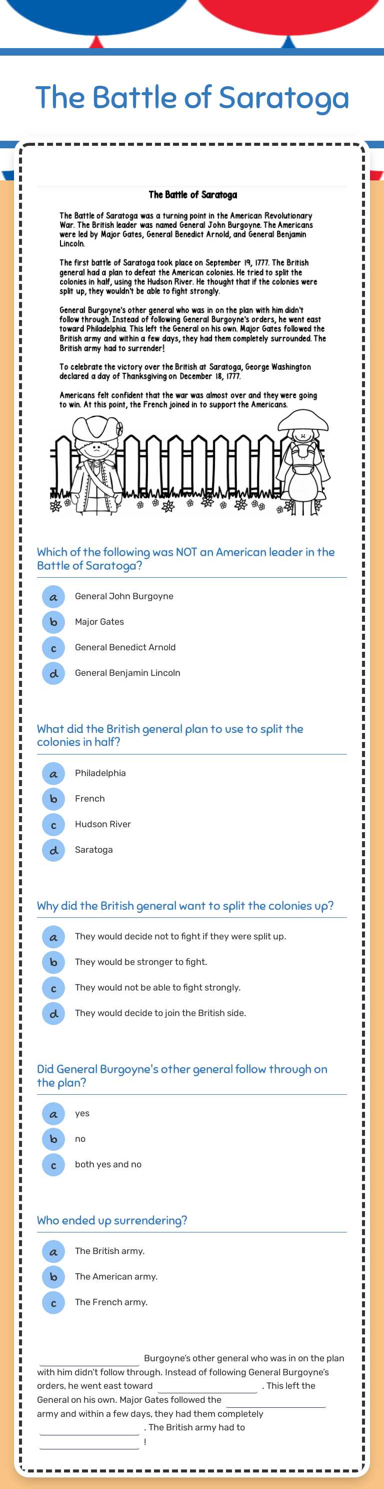 The Battle of Saratoga worksheet preview image