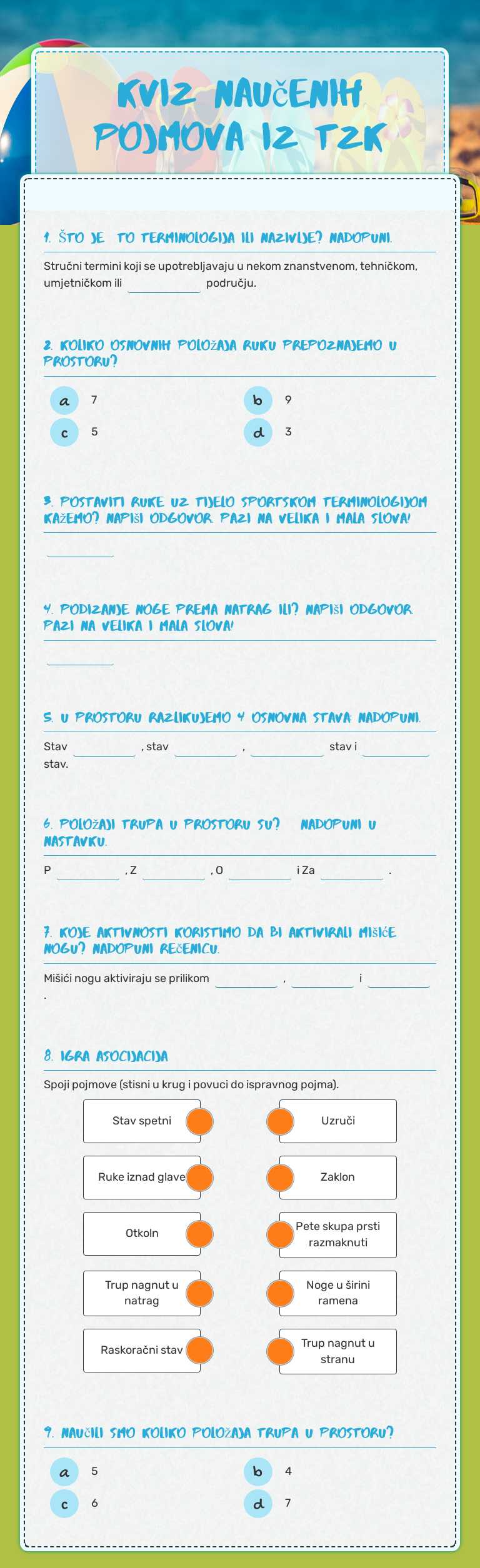 Kviz naučenih pojmova iz TZK Grade 5 worksheet preview