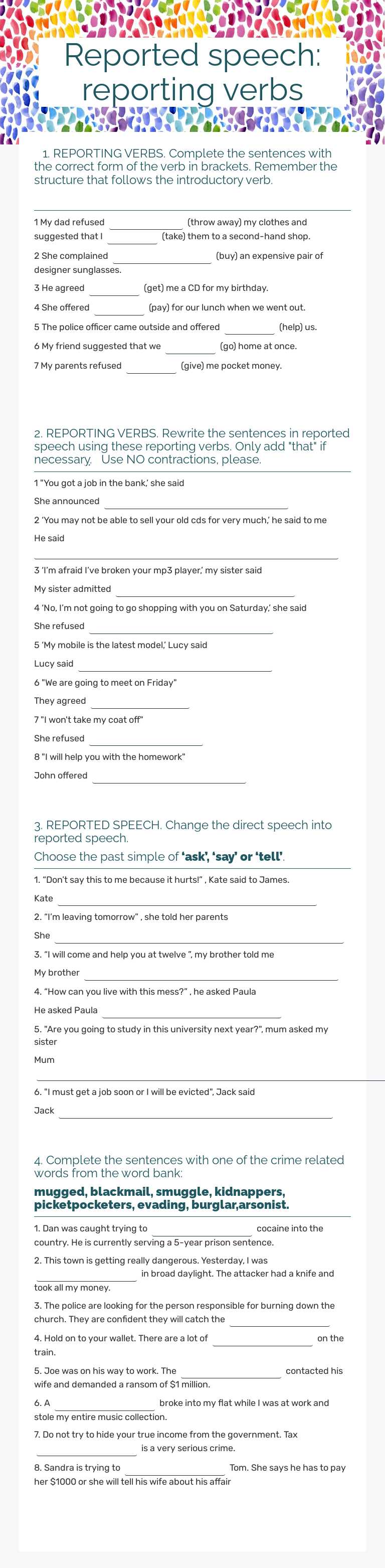 Reported speech: reporting verbs worksheet preview image
