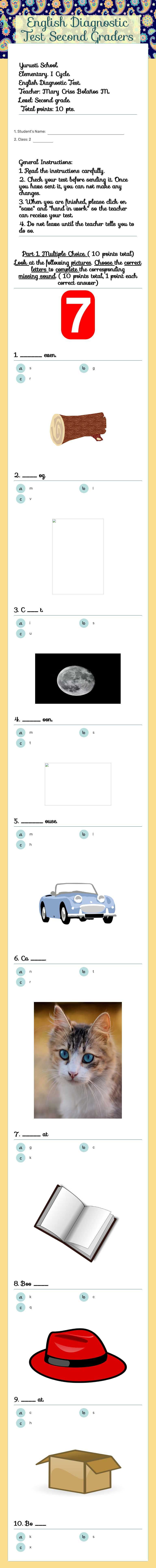 English Diagnostic Test
Second Graders Grade 2 worksheet preview