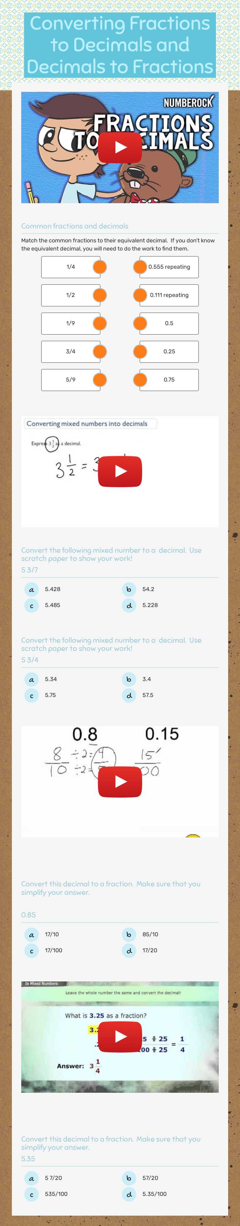 Converting Fractions to Decimals and Decimals to Fractions worksheet preview image