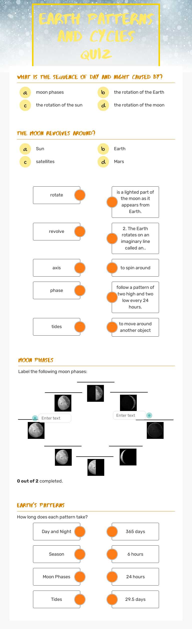 Earth patterns and cycles quiz worksheet preview image
