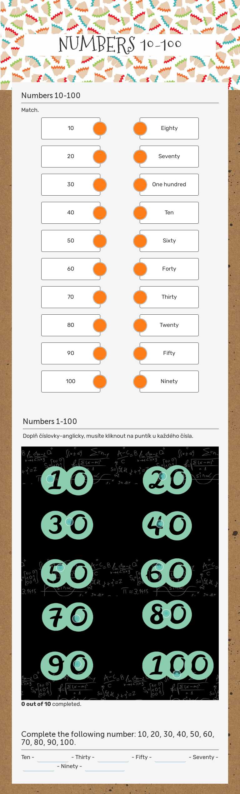 NUMBERS 10-100 worksheet preview image