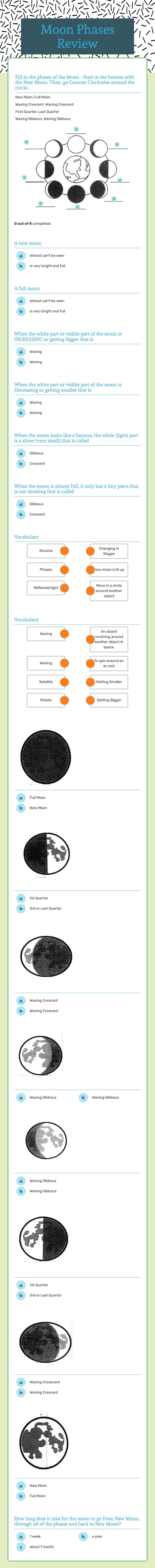 Moon Phases Review Grade 8 worksheet preview