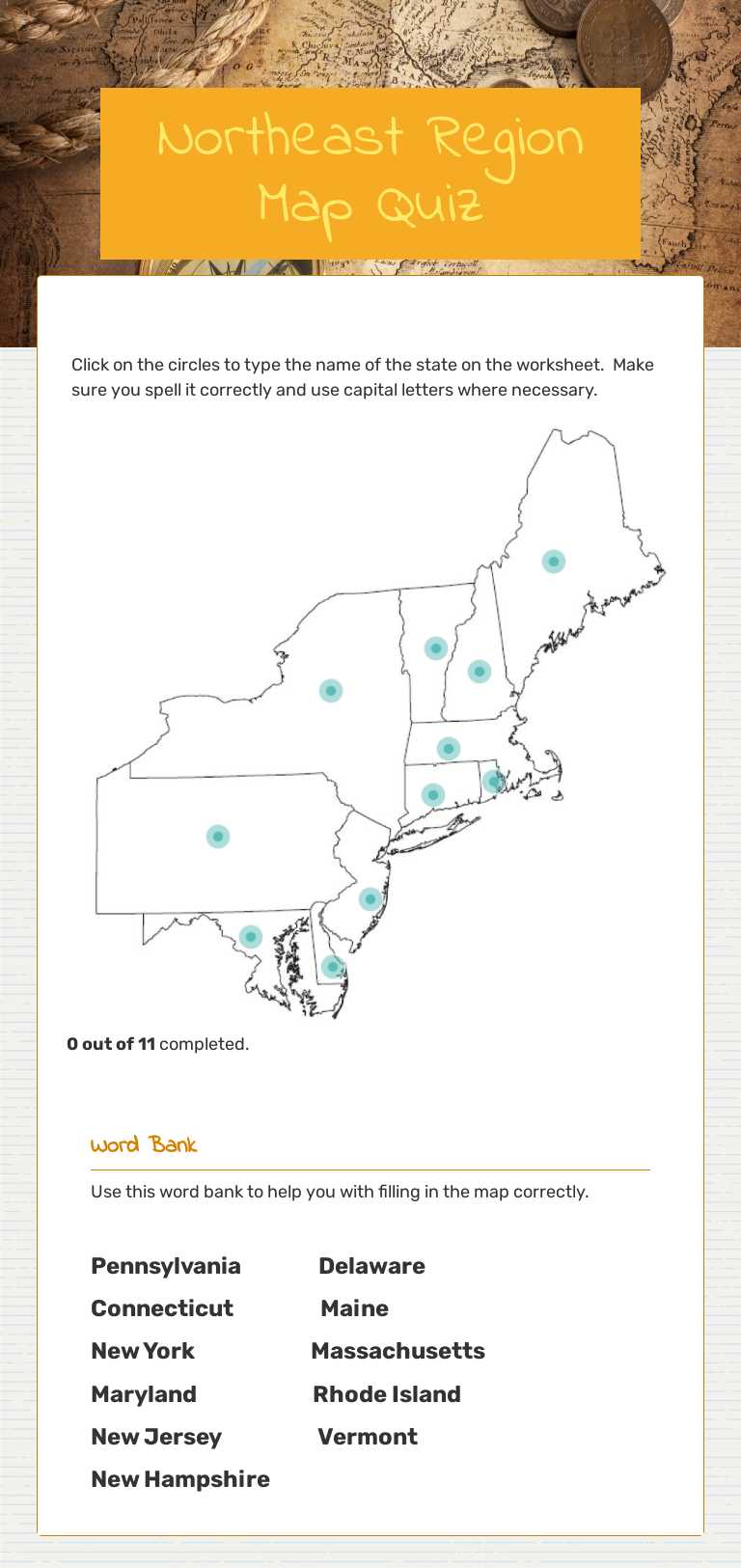 Northeast Region Map Quiz worksheet preview image