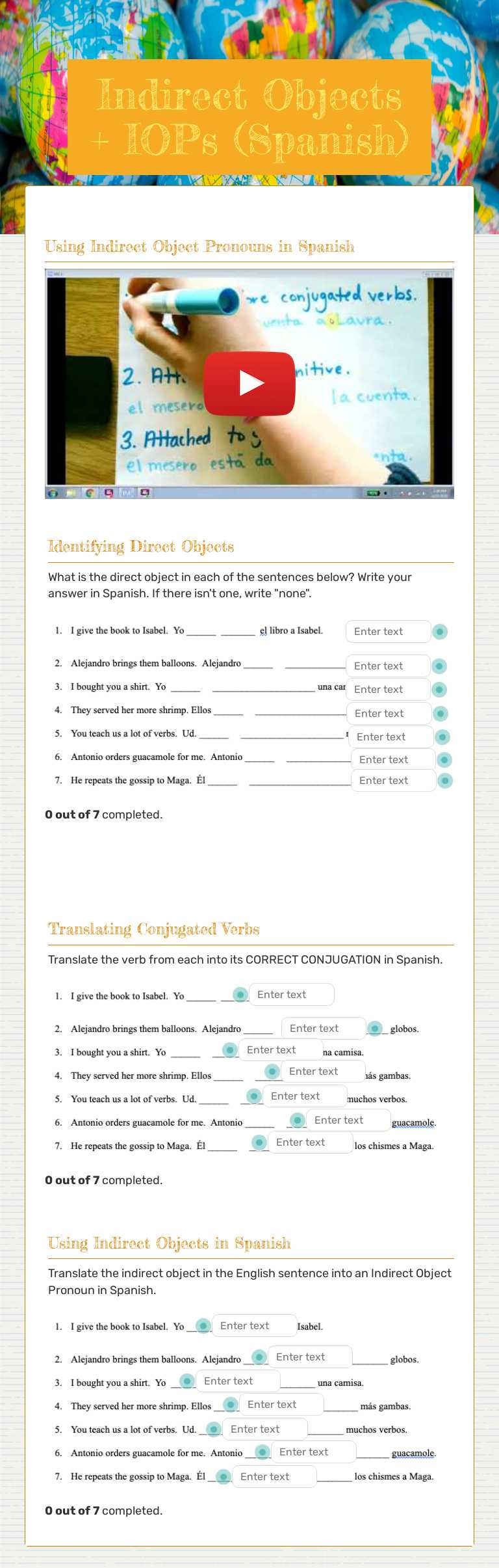 Indirect Objects + IOPs (Spanish) worksheet preview image