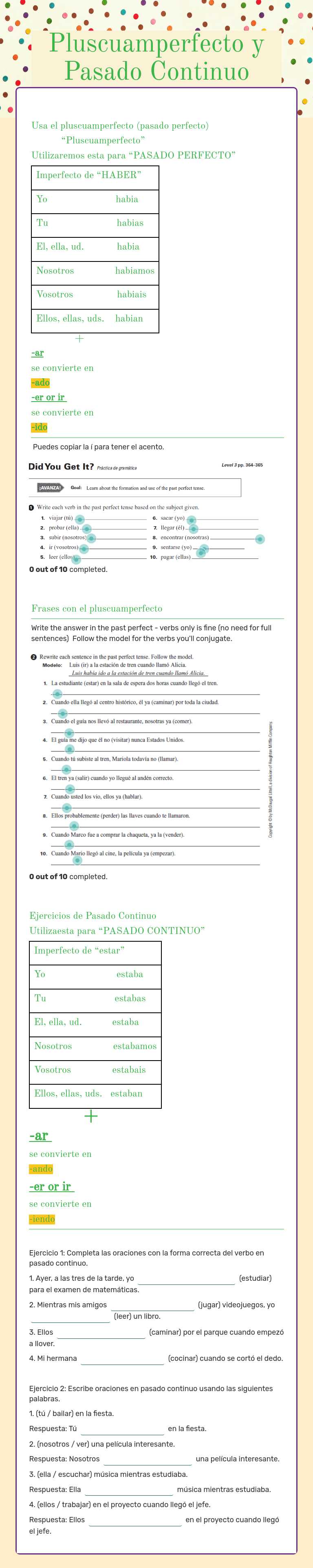 Pluscuamperfecto y Pasado Continuo worksheet preview image