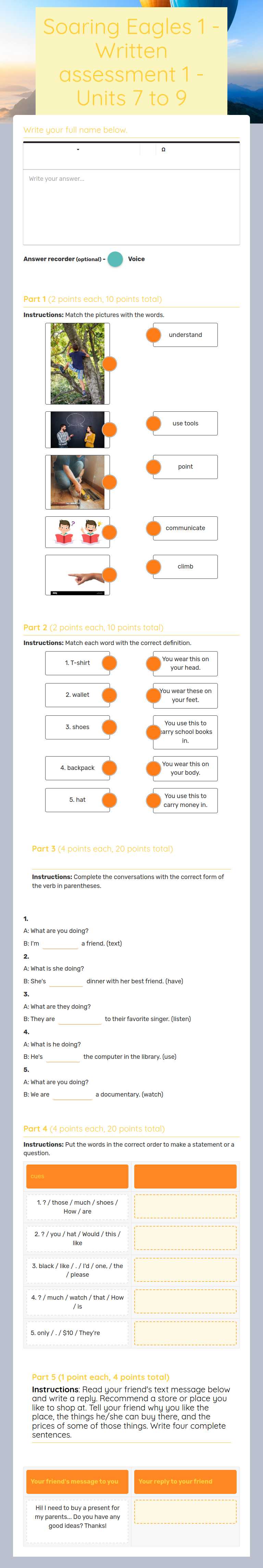 Soaring Eagles 1 -Written assessment 1 -Units 7 to 9 worksheet preview image