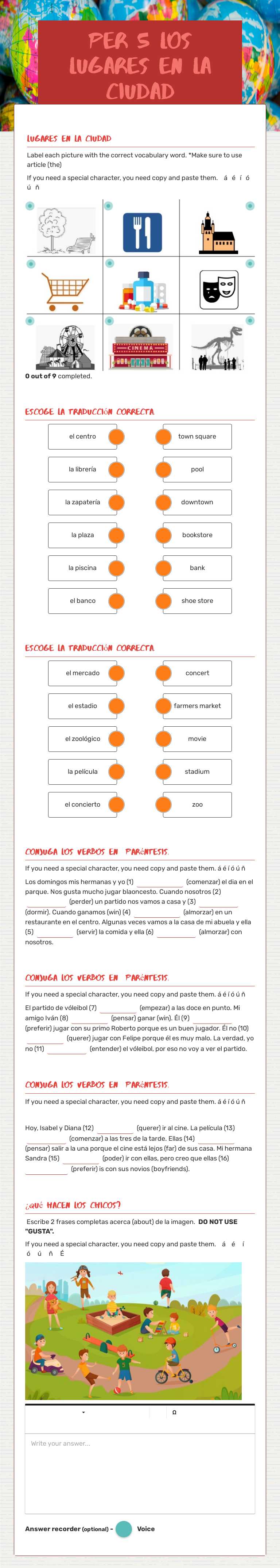 Per 5 Los Lugares     
 en la Ciudad worksheet preview image