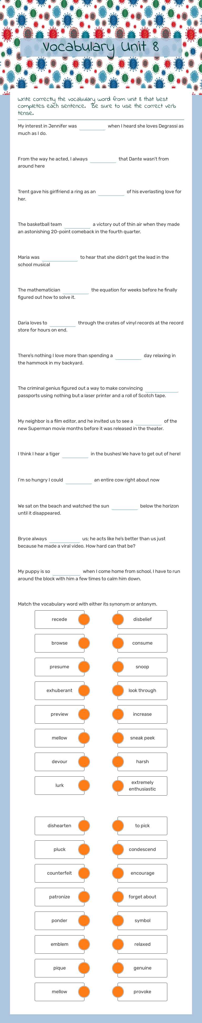 Vocabulary Unit 8 worksheet preview image