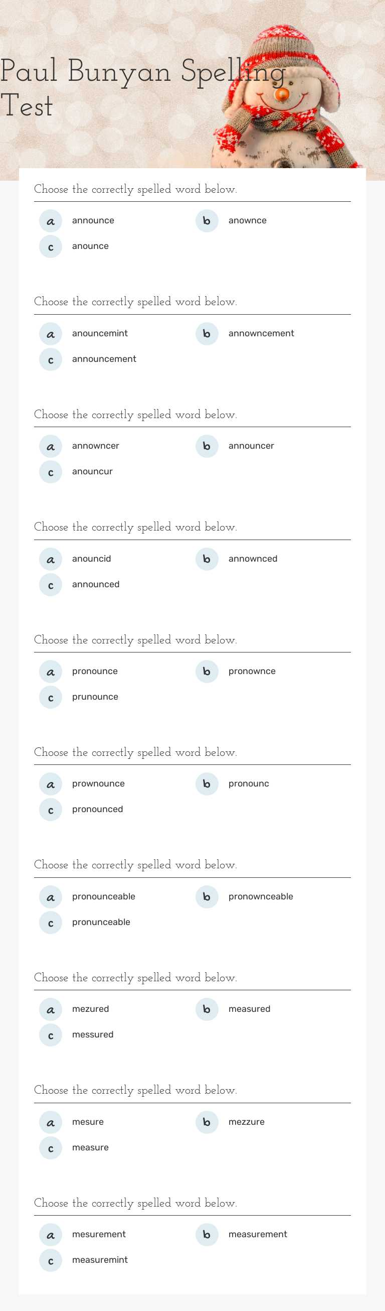 Paul Bunyan Spelling Test worksheet preview image