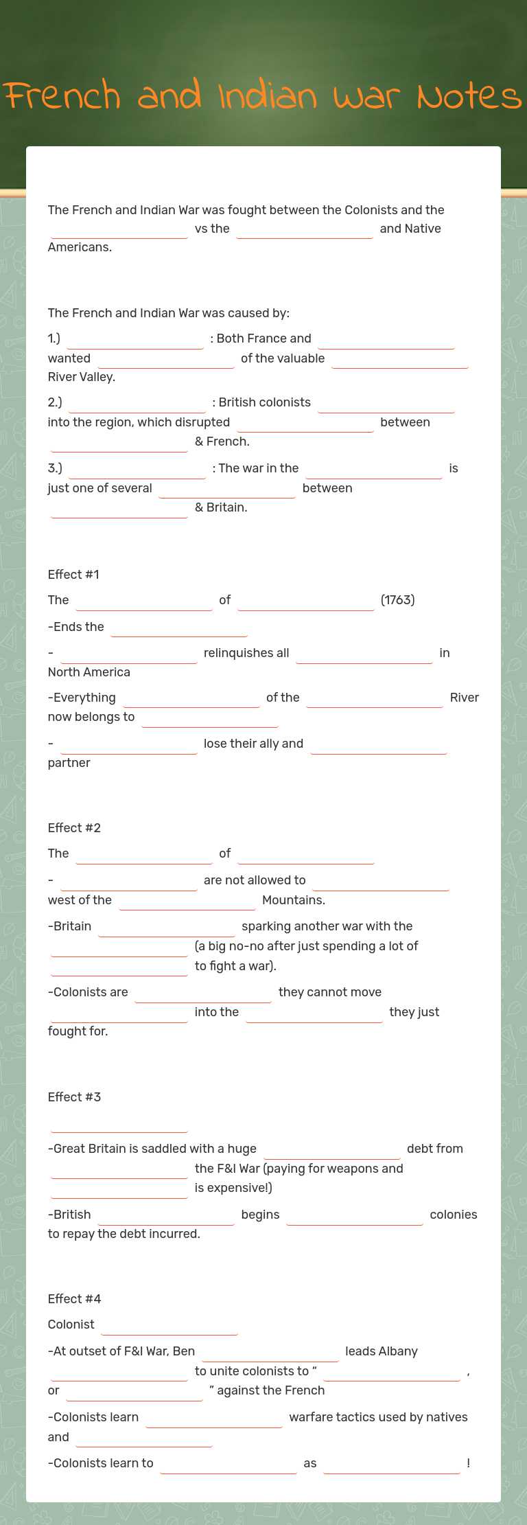 French and Indian War Notes worksheet preview image