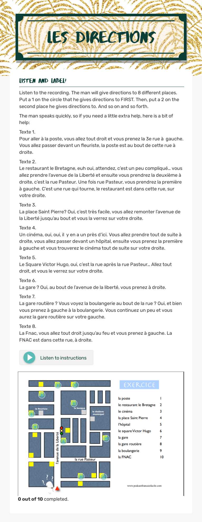 Les directions Grade 10 worksheet preview