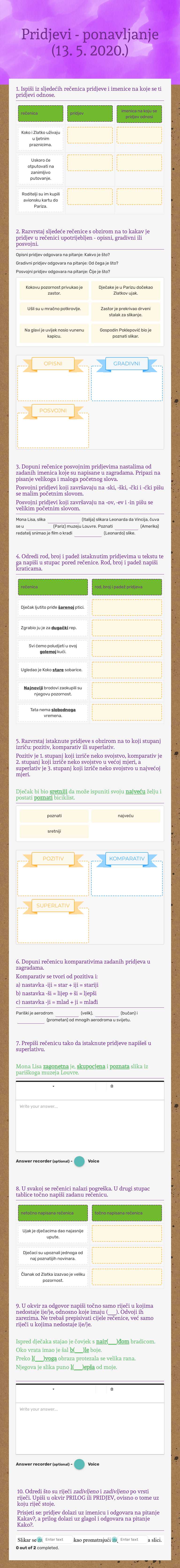 Pridjevi - ponavljanje (13. 5. 2020.) worksheet preview image