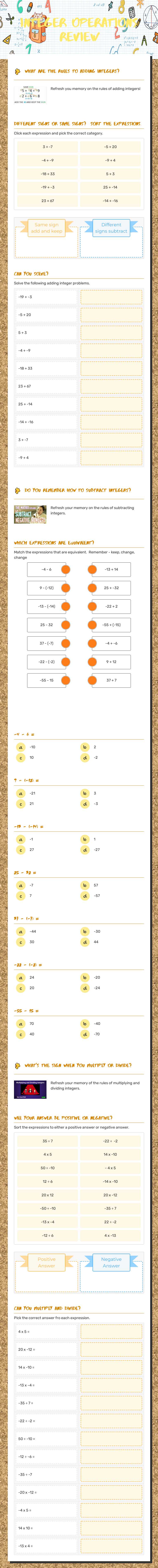 Integer Operations Review worksheet preview image