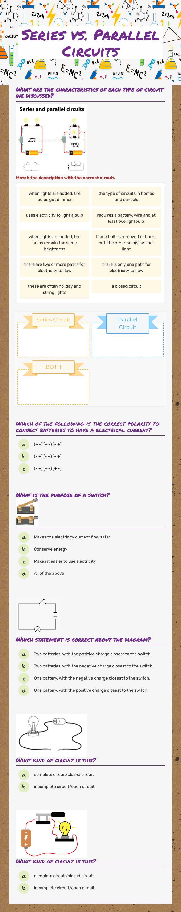 Series vs. Parallel Circuits worksheet preview image
