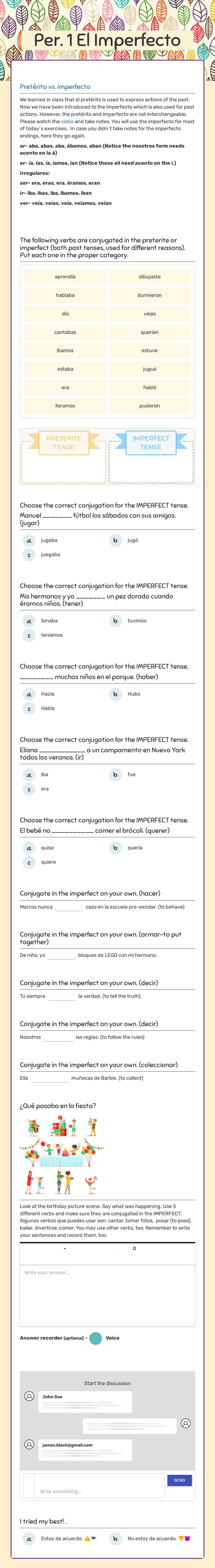 Per. 1 El Imperfecto Grade 10 worksheet preview