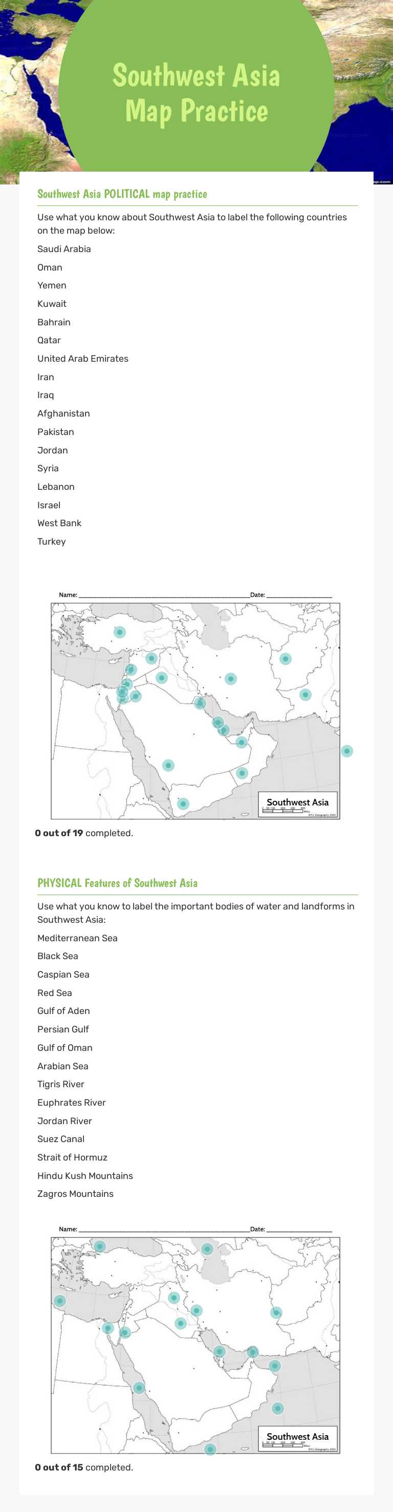 Southwest Asia Map Practice worksheet preview image