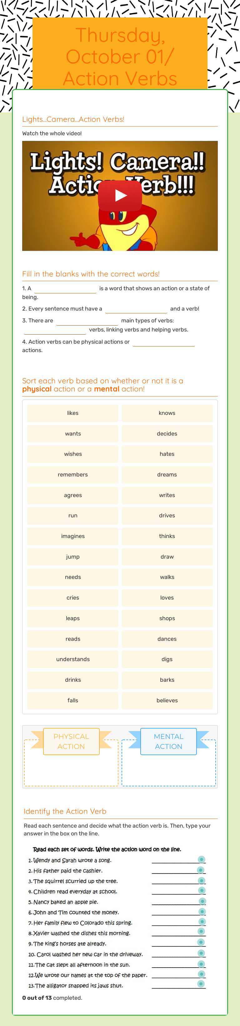 Thursday, October 01/ Action Verbs worksheet preview image