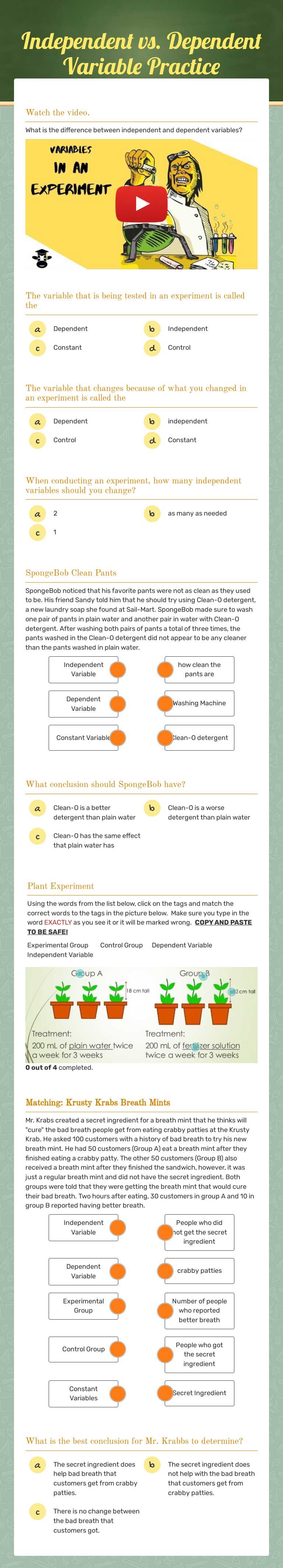 Independent vs. Dependent Variable Practice worksheet preview image