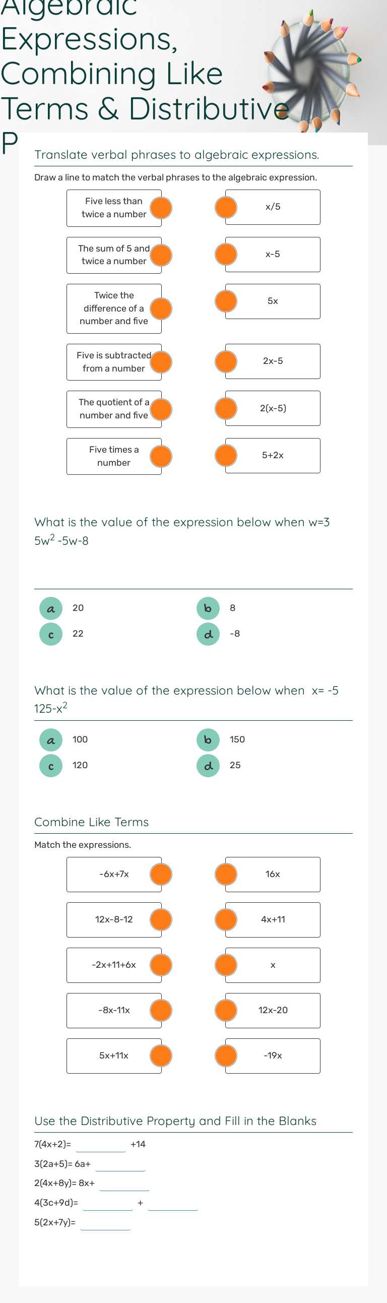 Algebraic Expressions, Combining Like Terms & Distributive Property worksheet preview image