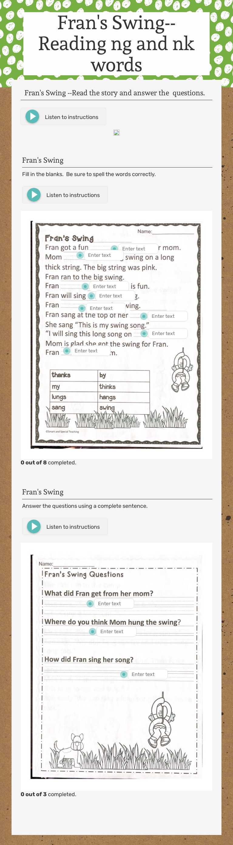 Fran's Swing--Reading ng and nk words worksheet preview image