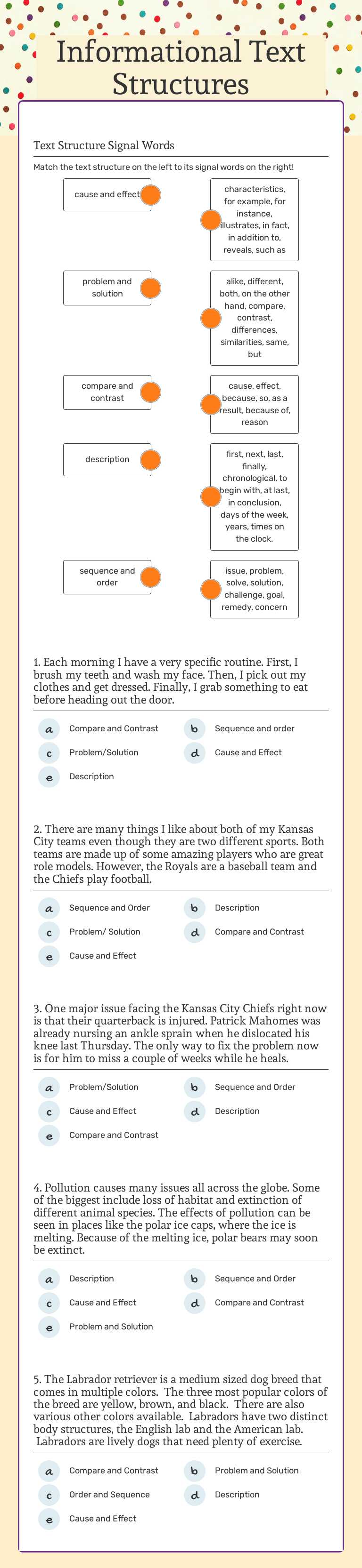 Informational Text Structures Grade 5 worksheet preview