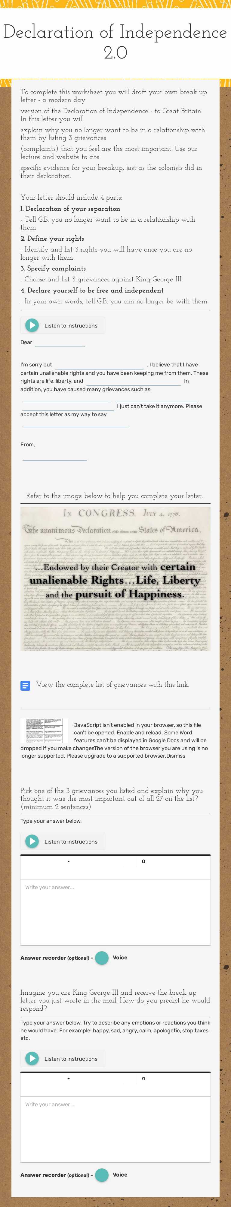Declaration of Independence 2.0 worksheet preview image