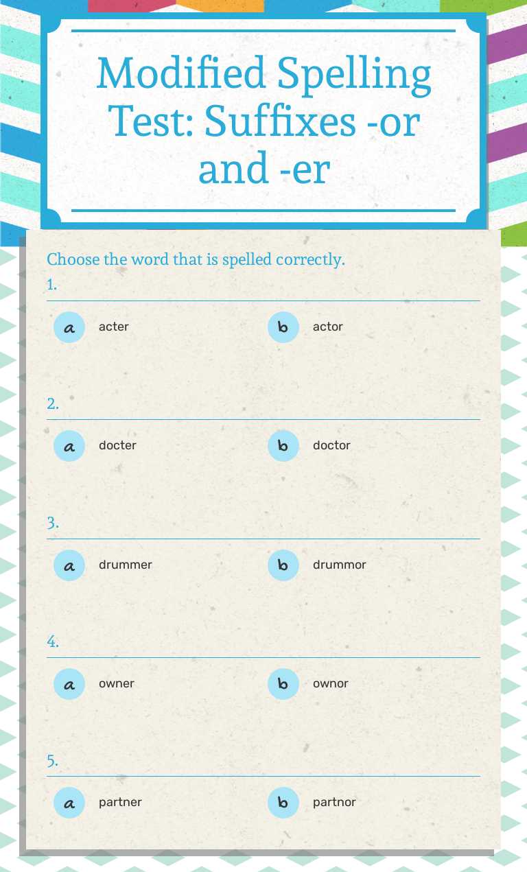 Modified Spelling Test: Suffixes -or and -er worksheet preview image