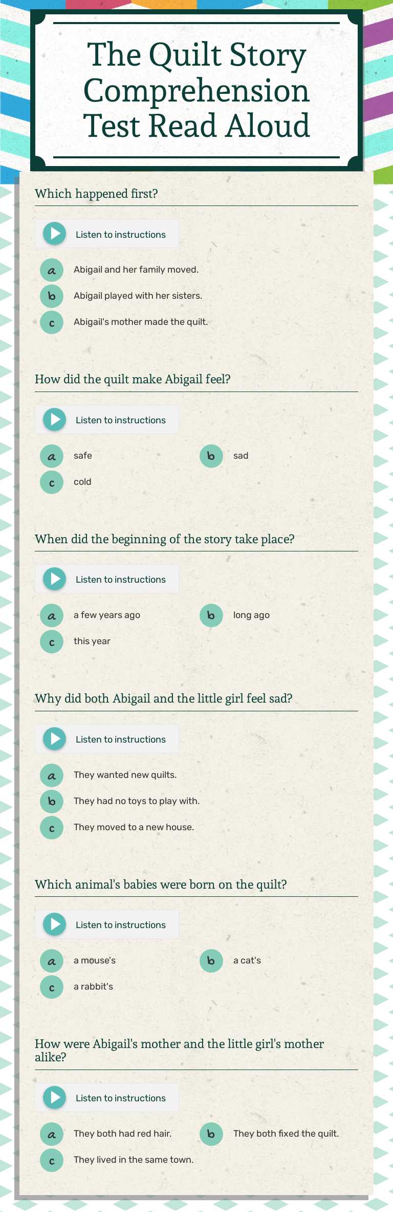 The Quilt Story Comprehension Test Read Aloud worksheet preview