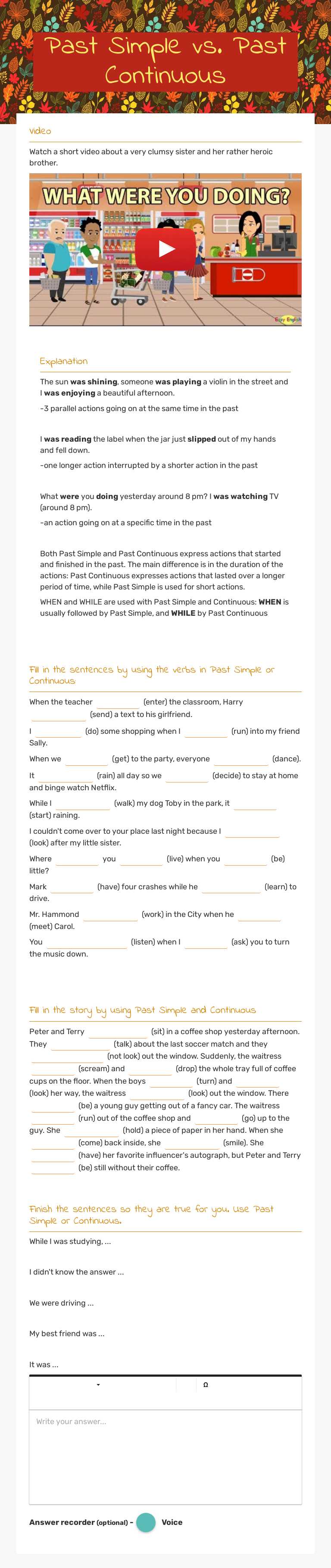 Past Simple vs. Past Continuous Grade 7 worksheet preview