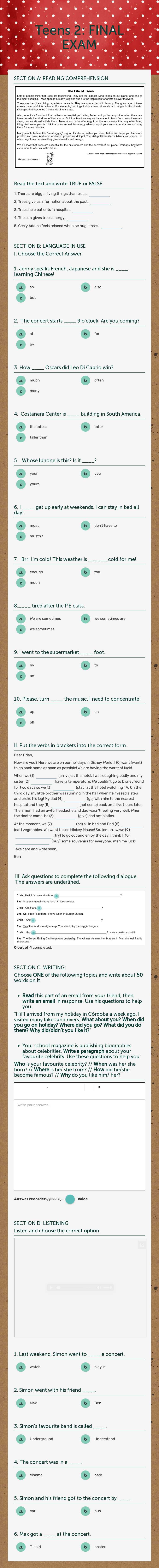 Teens 2: FINAL EXAM worksheet preview image