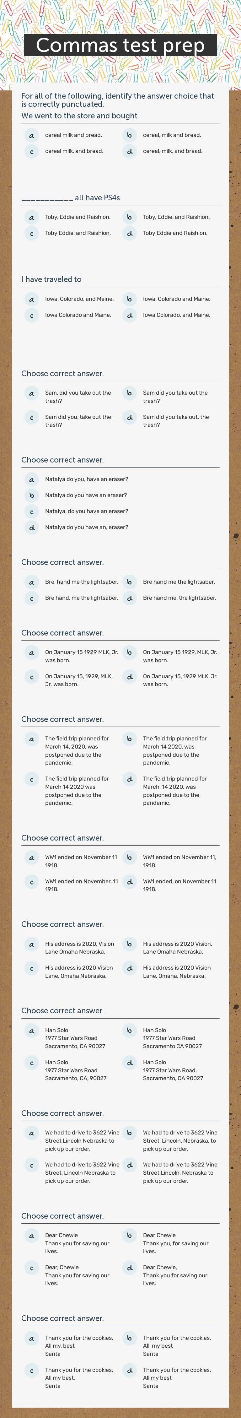 Commas test prep worksheet preview image