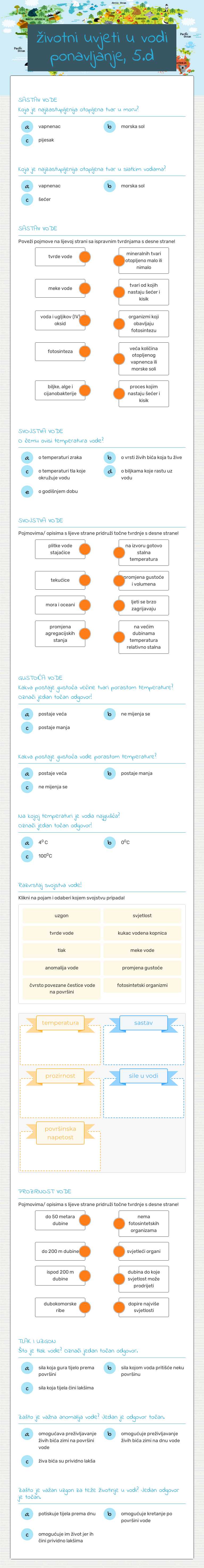životni uvjeti u vodi ponavljanje, 5.d worksheet preview image