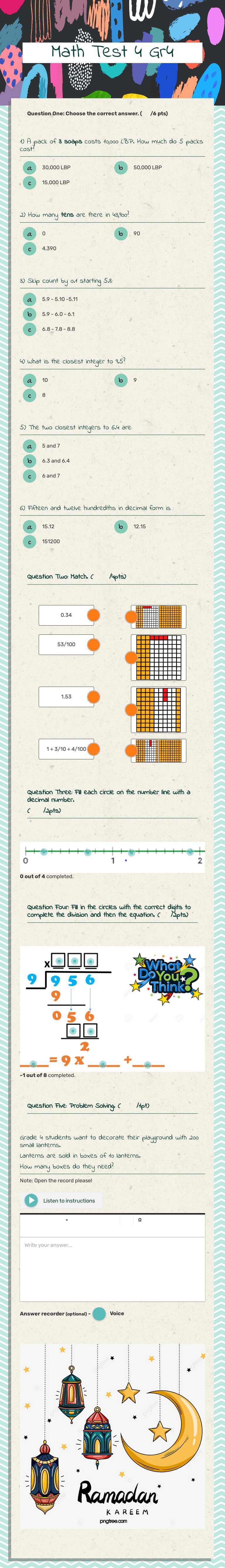 Math Test 4 Gr4 worksheet preview
