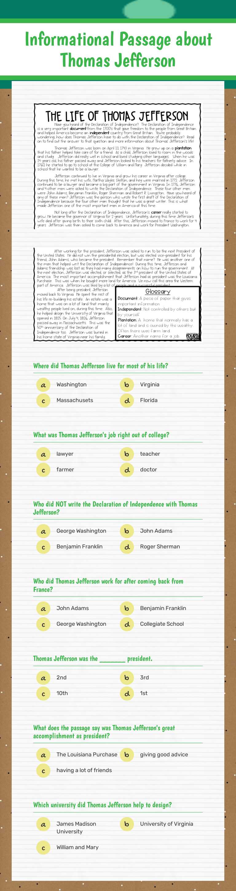 Informational Passage about Thomas Jefferson worksheet preview image
