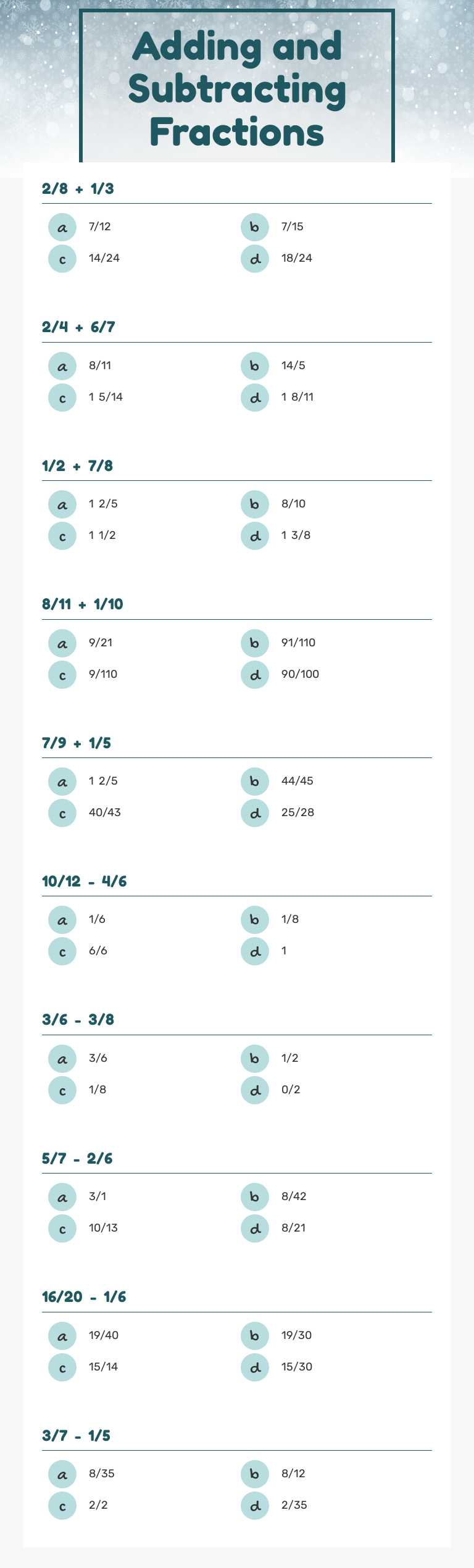Adding and Subtracting Fractions worksheet preview image