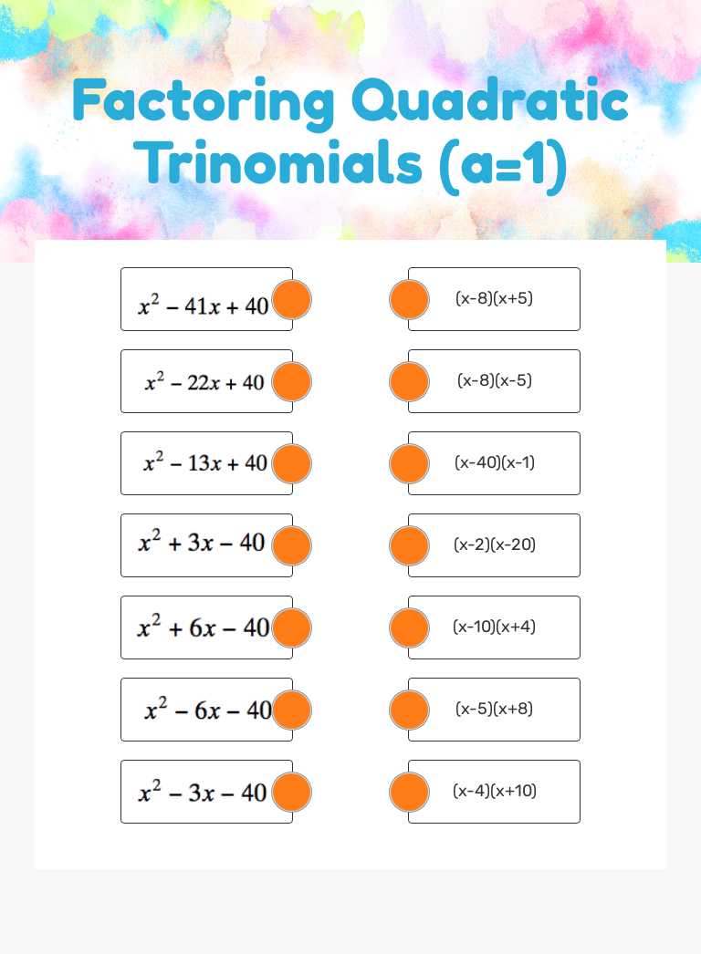 Factoring Quadratic Trinomials (a=1) worksheet preview image