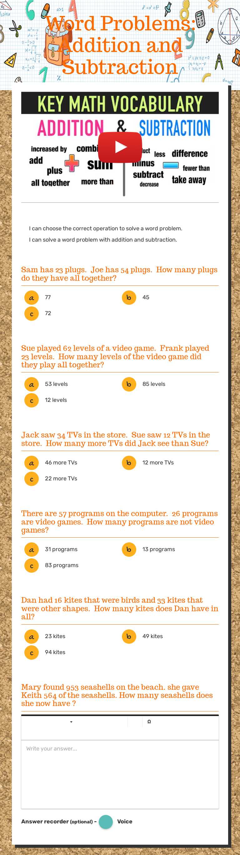 Word  Problems:  Addition and Subtraction Grade 2 worksheet preview