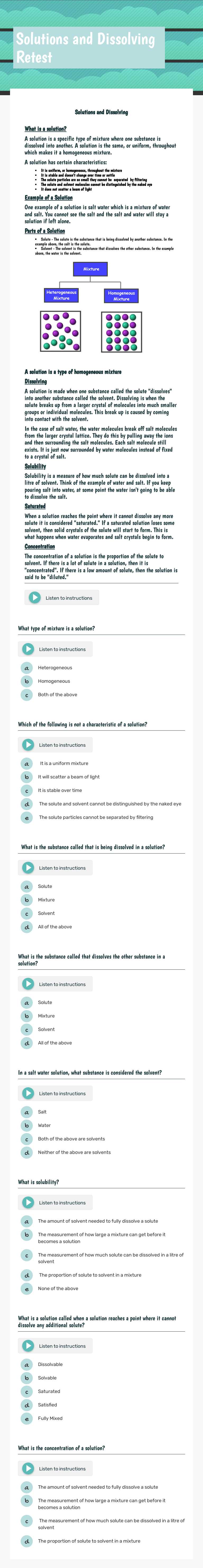 Solutions and Dissolving Retest Grade 5 worksheet preview