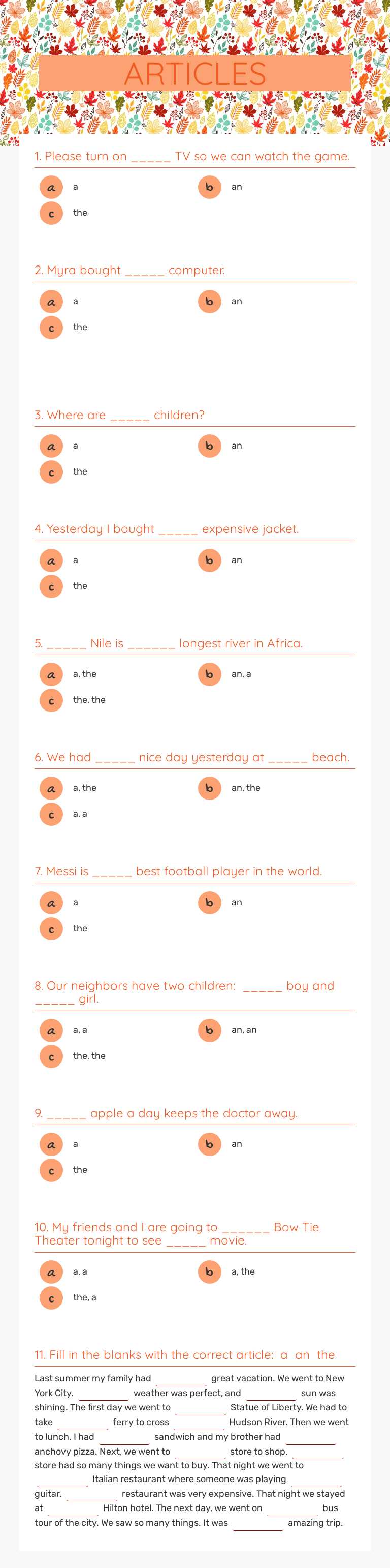 ARTICLES worksheet preview image