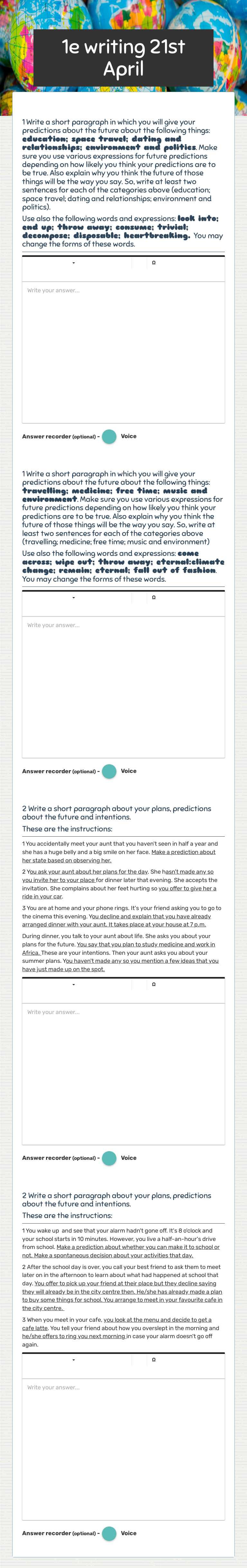 1e writing        21st April worksheet preview image