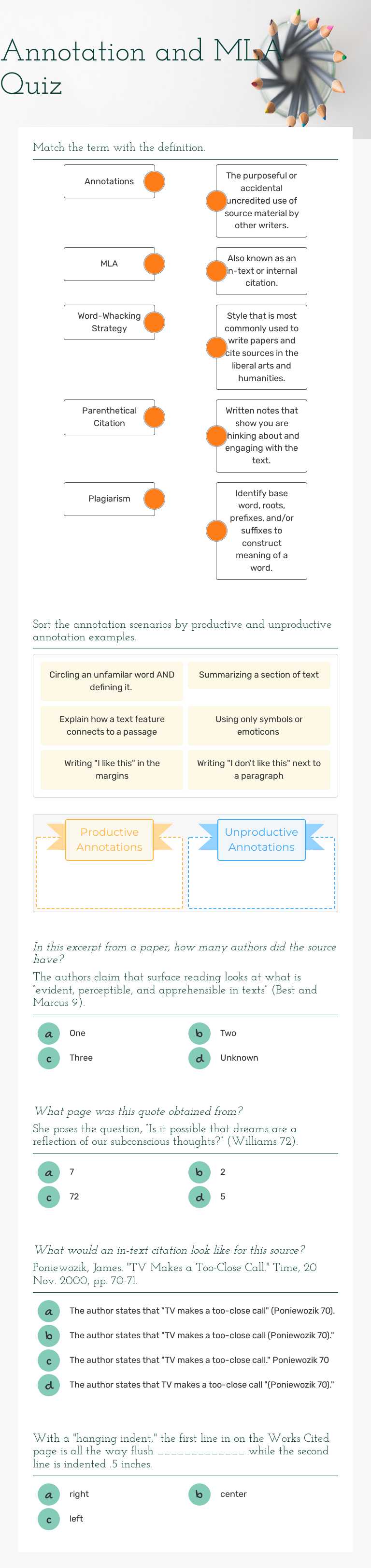 Annotation and MLA Quiz worksheet preview image