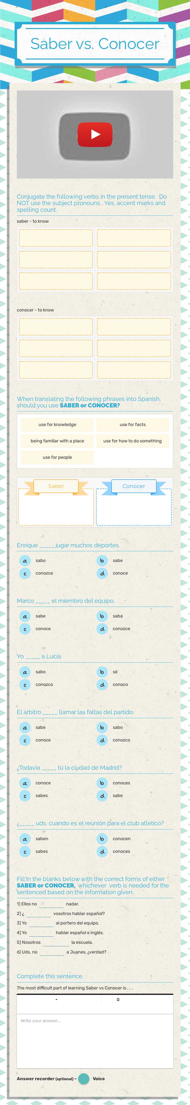 Saber vs. Conocer Grade 9 worksheet preview