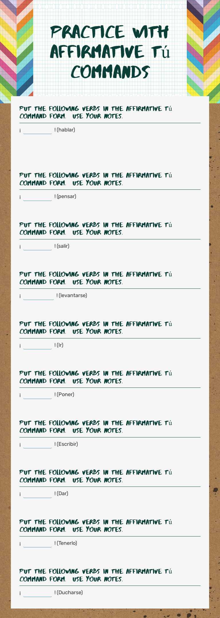 Practice with Affirmative Tú Commands worksheet preview image
