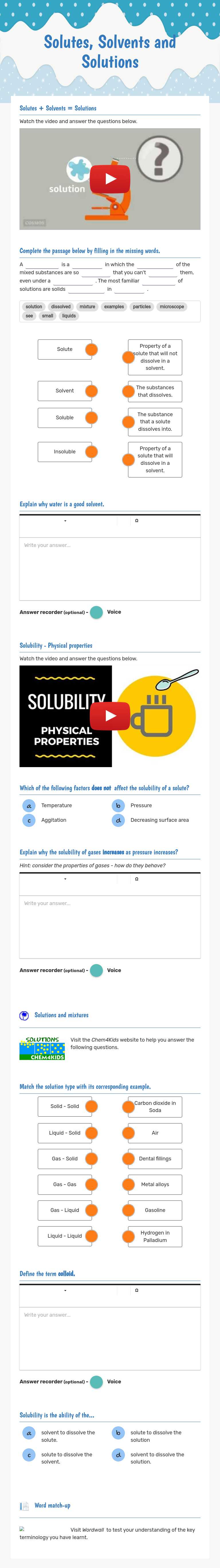 Solutes, Solvents and Solutions worksheet preview image