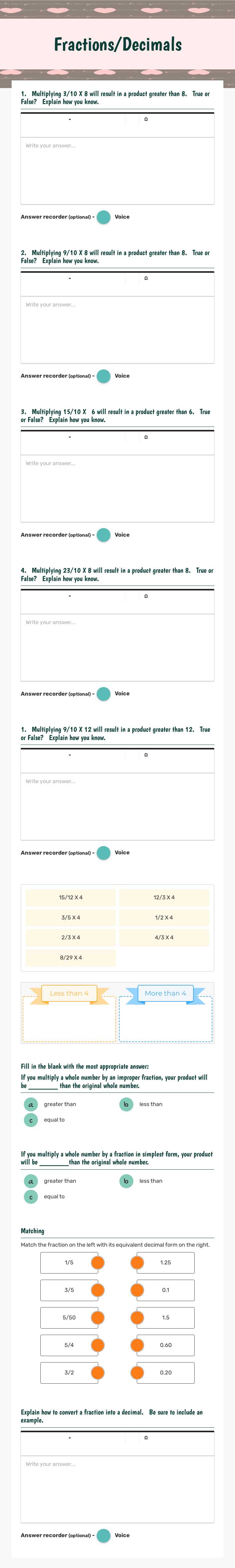 Fractions/Decimals worksheet preview image