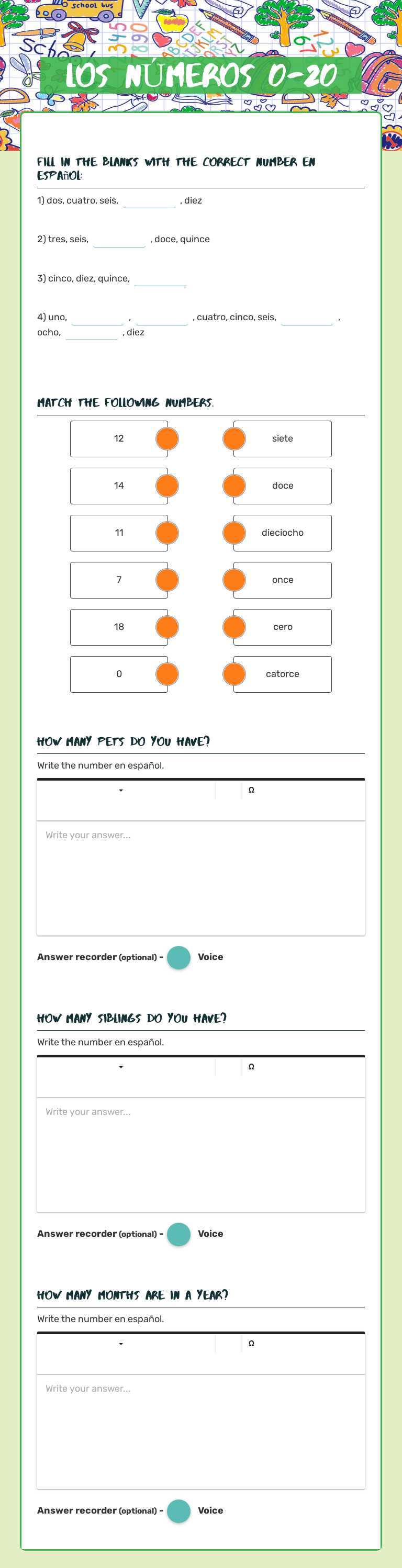Los NÚmeros 0-20 worksheet preview image